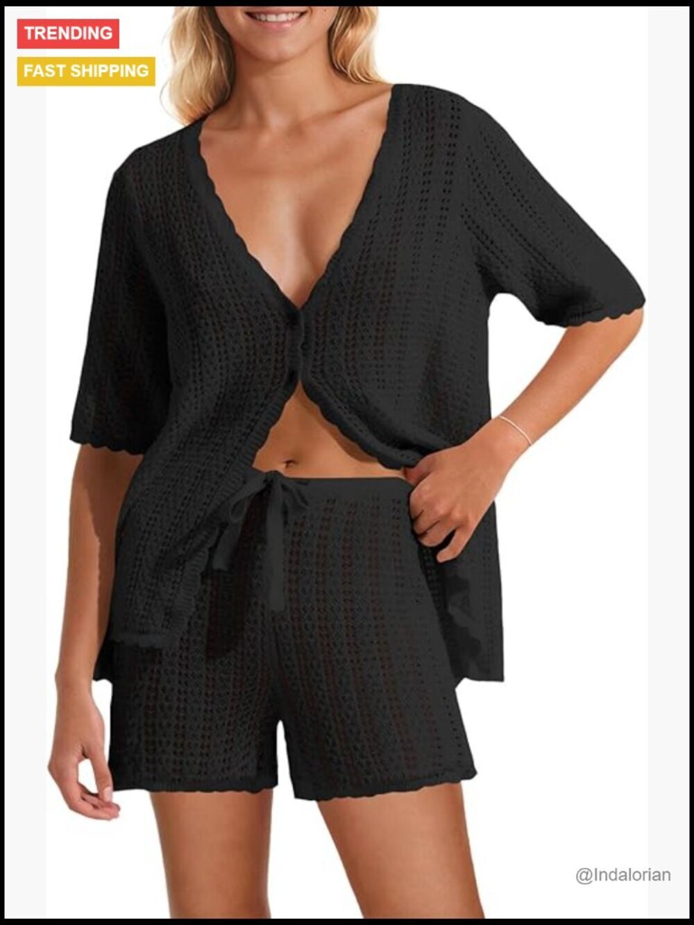 Crochet 2 Piece Swimsuit Cover Up Set Short Sleeve Knit Top Shorts